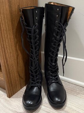 Frye Black Lace-Up Knee-High Combat Boots